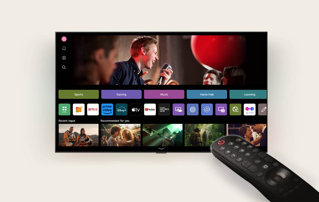 Family of four is gathered around an LG AI TV. A circle appears around the person holding the remote showing their name. This showcases how AI Voice ID recognizes each user's voice signature. The webOS interface then shows how the AI automatically switches the account and recommends personalized content.