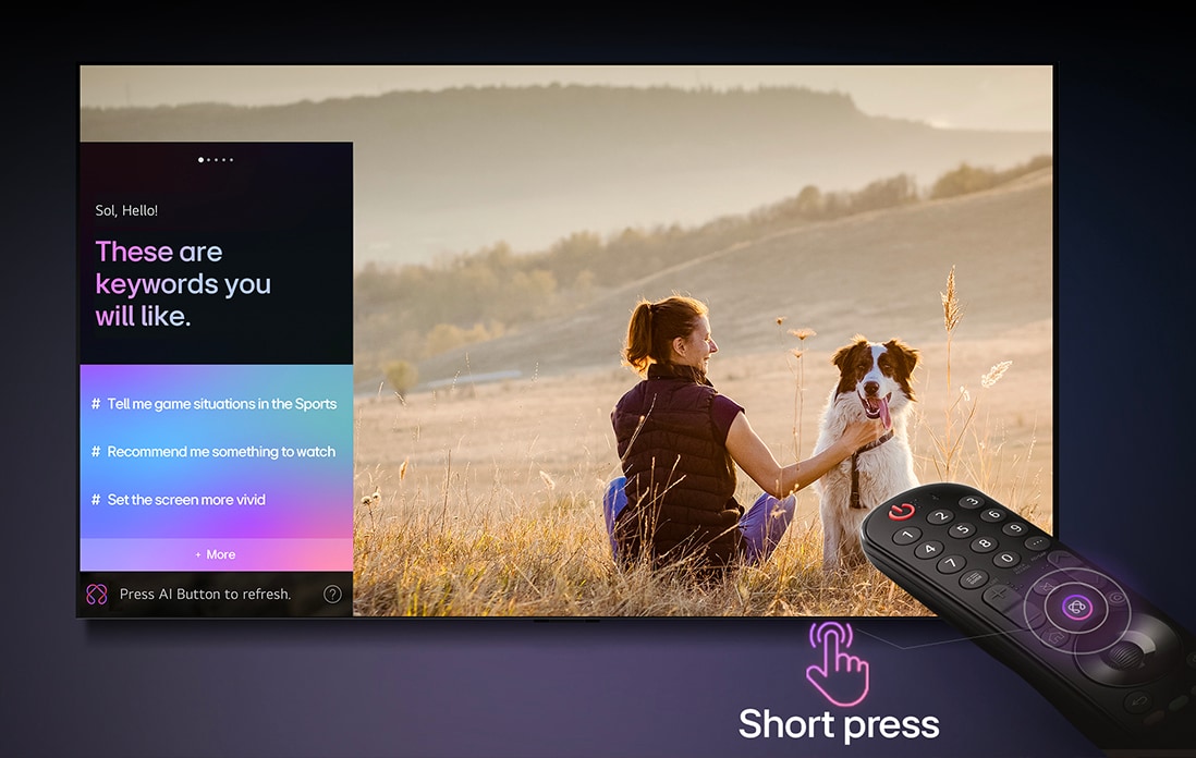 LG AI Magic Remote in front of an LG TV screen. On the screen is a personalized greeting from the LG AI with custom keywords based on the user's search and watch history. By the remote is an icon and label showing that the AI Concierge functionality is easily accessible with one short press on the AI button.