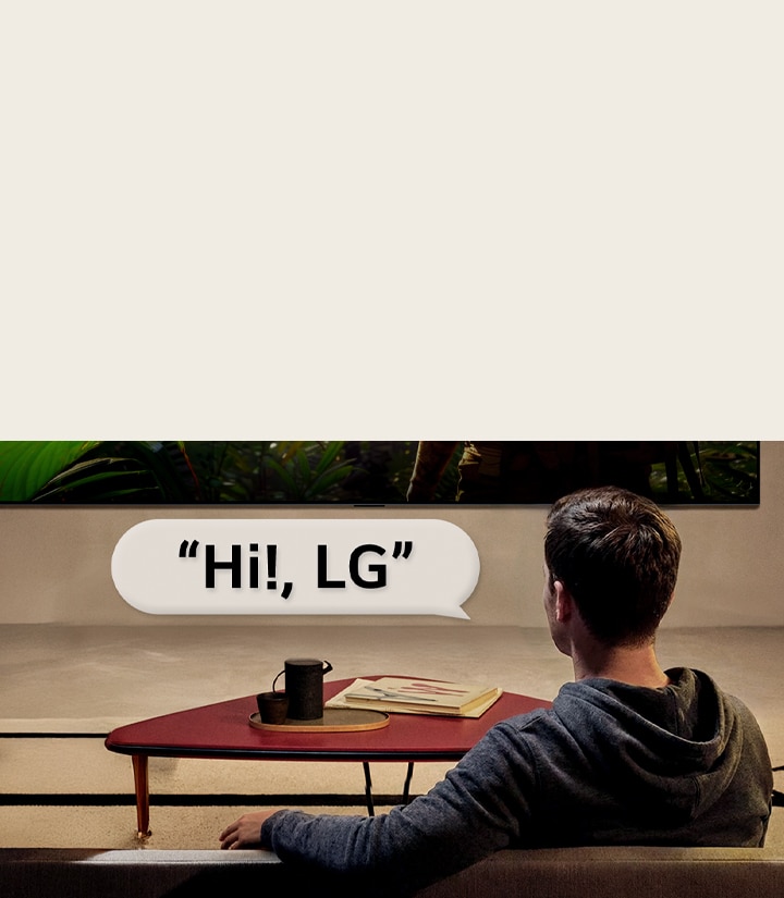 Person in their living room. Speech bubble around them showing how they're interacting with their LG TV just by saying, Hi LG.	
