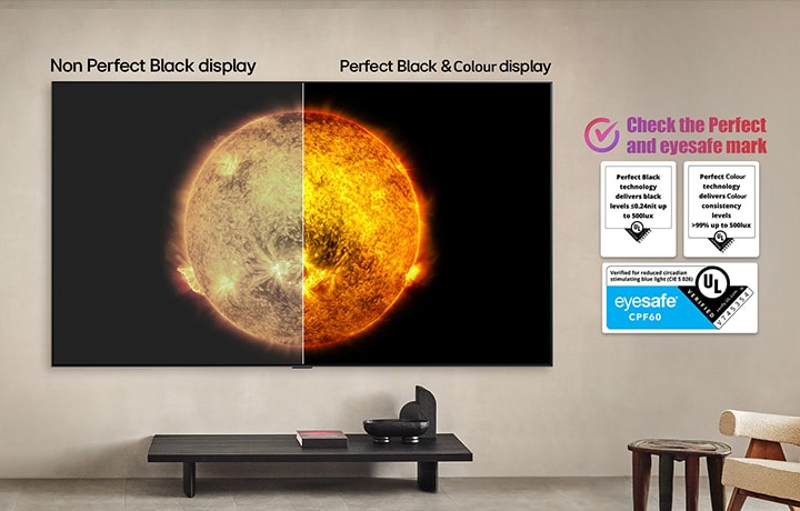 LG OLED TV showing a visual comparison between a display with Perfect Colour and Perfect Black and one without. UL and eyesafe certifications are visible with text prompting to check the marks.