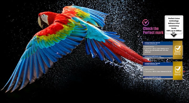 Colorful parrot in ultra-high definition against a black background. Water drops are suspended in the air all around it. The image showcases Perfect Color as each different hue on the parrot's body is vibrant and vivid. The dark background with the detailed water splashes also highlights how the screen is reflection-free. Different logo certifications from UL and Intertek are visible. These refer to its 100% Color Fidelity, 100% Color Volume, and reflection-free claim. Text is also visible, check the Perfect Color certification mark.