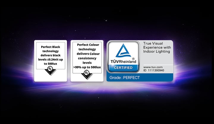 UL-verified and TÜV-certified logos shown for Perfect Black and Perfect Color display features.