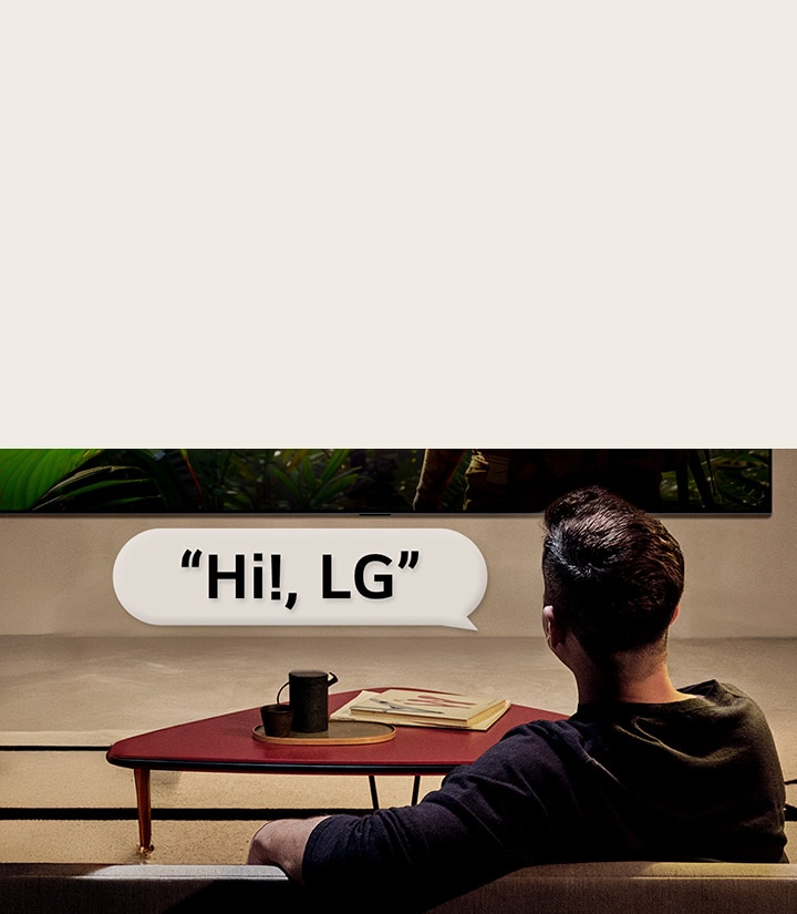 Person in their living room. Speech bubble around them showing how they're interacting with their LG TV just by saying, Hi LG.	
