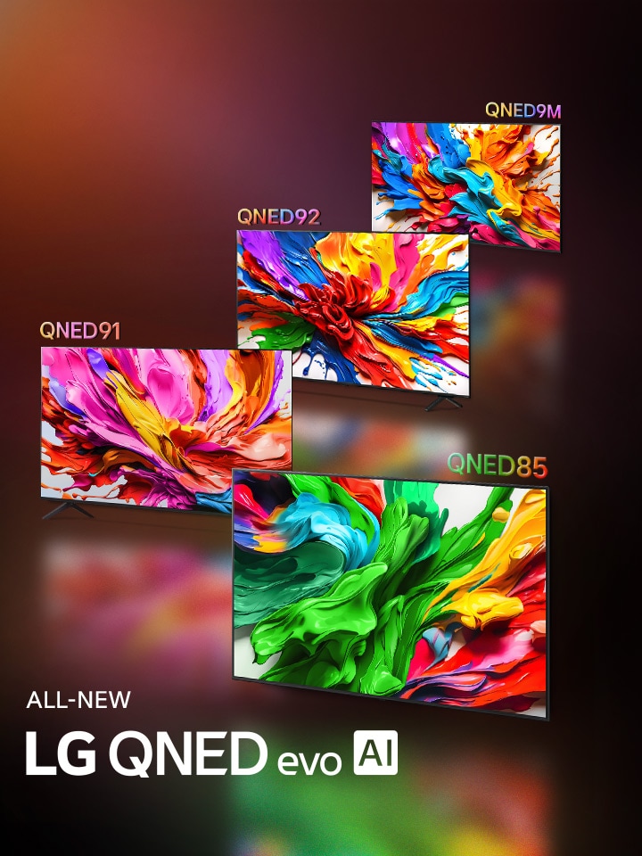 LG QNED92 and LG QNED85 TVs are side by side. Colourful artwork that highlights the new vivid and vibrant colour reproduction technology of LG QNED are on their screens. ALL NEW LG QNED evo AI logo is also present.
