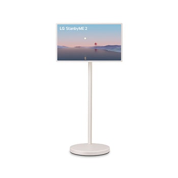 LG StanbyME 2 screens displayed in a modern living room. There is a StanbyME 2 on a stand, one is hung on the wall, and the other is propped up on a table using the folio cover.
