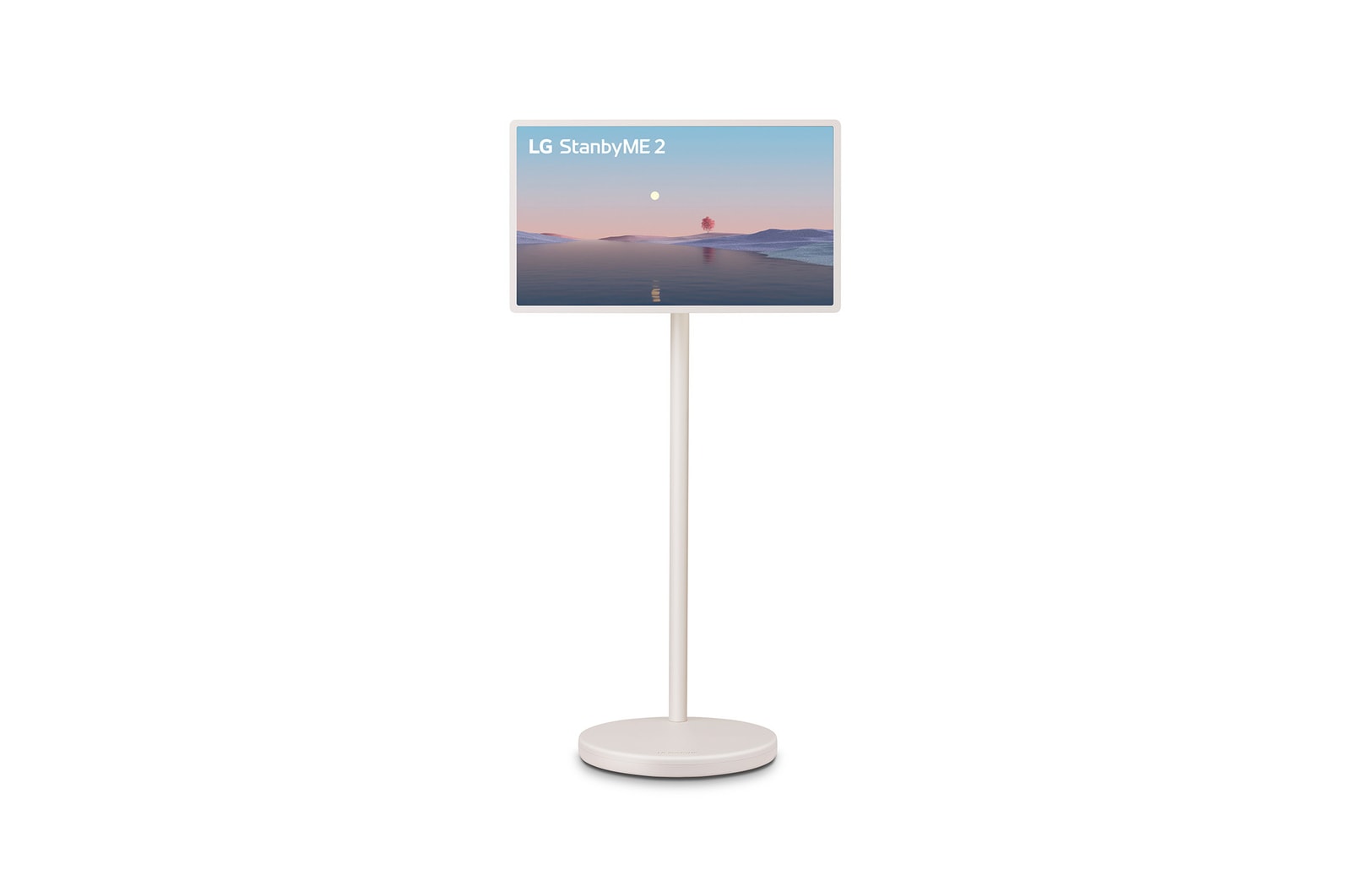 LG StanbyME 2 screens displayed in a modern living room. There is a StanbyME 2 on a stand, one is hung on the wall, and the other is propped up on a table using the folio cover.