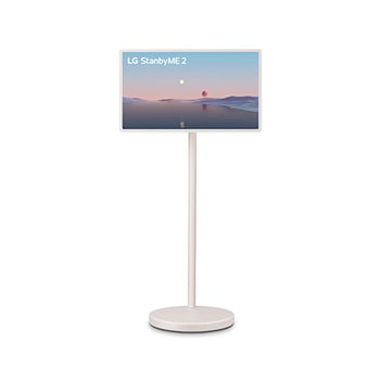 LG StanbyME 2 screens displayed in a modern living room. There is a StanbyME 2 on a stand, one is hung on the wall, and the other is propped up on a table using the folio cover.
