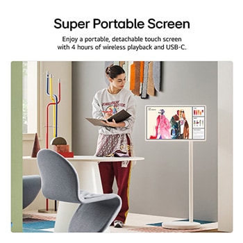 LG StanbyME 2 is on a table. Let's Draw is in use. A person is creating artwork using just their finger and the touchscreen. The text talks about how you can use your screen as a digital canvas and display artwork through the Always On Display.