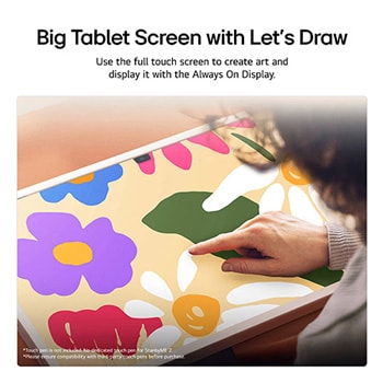 A group of friends playing a board game on the LG StanbyME 2 on the table. The Big Tablet Screen is featured. Text talks about playing directly on the touchscreen.