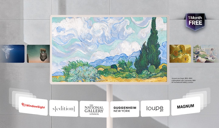 LG StanbyME 2 Max LX6 Movable Screen with LG Gallery+ displays curated artwork in a home interior, featuring Vincent van Gogh’s “A Wheatfield, with Cypresses” at the center, along with partner museum references and a “1 Month Free” message.