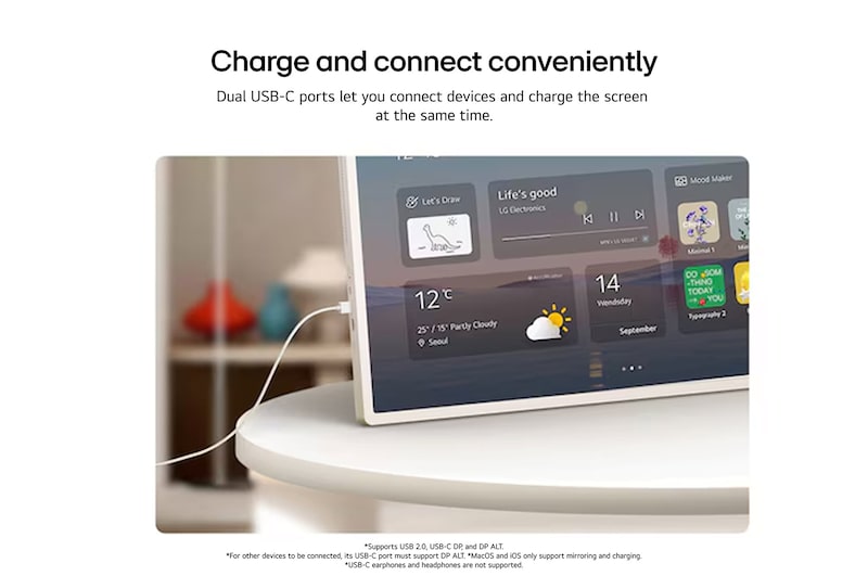 LG StanbyME 2 Max LX6 Movable Screen connected via a USB-C cable on a table, displaying a home widget interface, highlighting convenient charging and seamless device connectivity through USB-C port.