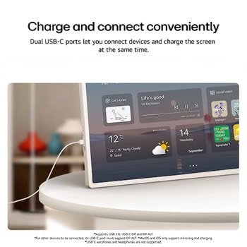 LG StanbyME 2 Max LX6 Movable Screen connected via a USB-C cable on a table, displaying a home widget interface, highlighting convenient charging and seamless device connectivity through USB-C port.
