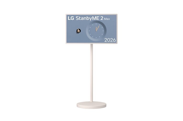 LG StanbyME 2 Max LX6 Movable Screen with a detachable and super portable design is shown on a stand displaying a clock interface, highlighting versatile placement and seamless décor integration.