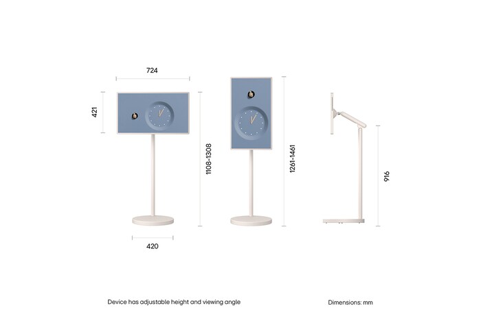 LG StanbyME 2 Max LX6 Movable Screen shown in front and side views features a 32-inch display measuring 724 mm by 421 mm. The total height including the screen is 1108–1308 mm when the screen is horizontal and 1261–1461 mm when the screen is vertical, with a 916 mm stand height.