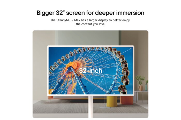 LG StanbyME 2 Max LX6 Movable Screen showcased in multiple home settings, highlighting its detachable and super portable screen for flexible use wherever you are—standing by a window, wall-mounted like décor, or used for viewing content anywhere.