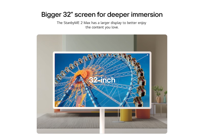 LG StanbyME 2 Max LX6 Movable Screen showcased in multiple home settings, highlighting its detachable and super portable screen for flexible use wherever you are—standing by a window, wall-mounted like décor, or used for viewing content anywhere.