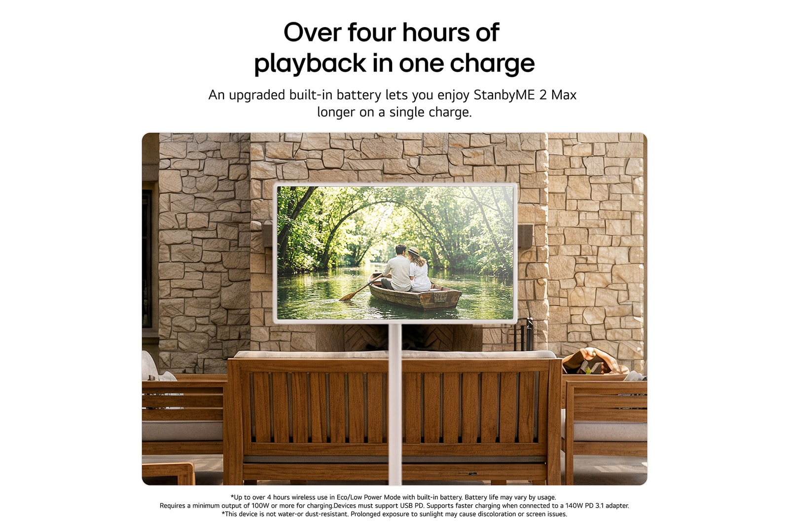 LG StanbyME 2 Max LX6 Movable Screen showcased as a Mood Maker, highlighting how it helps personalize your space—transforming into a window, poster, relaxing visuals, music turntable, or a clock.