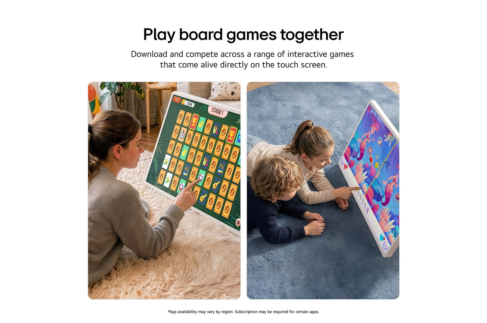 LG StanbyME 2 Max LX6 Movable Screen with Interactive Board Games shows users enjoying interactive touch-based board games together, highlighting engaging gameplay and shared entertainment on a large display.