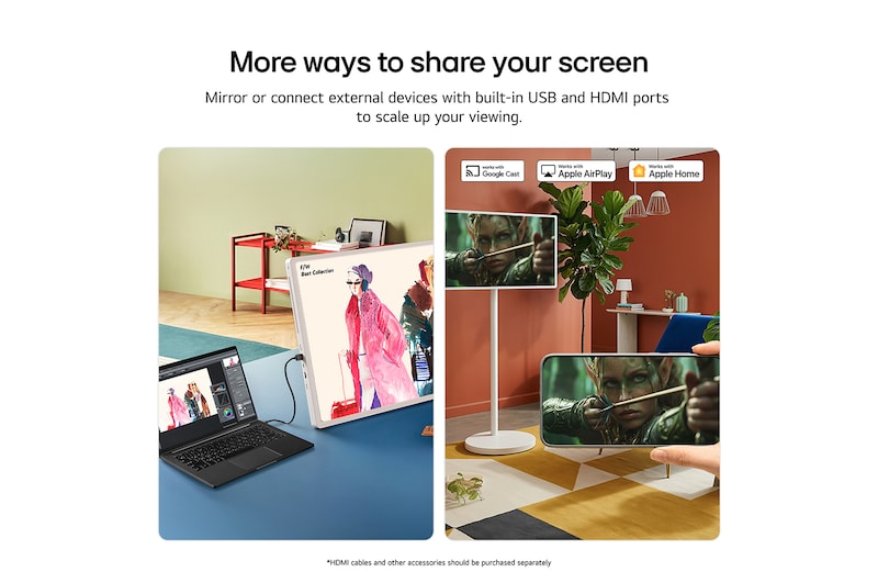 LG StanbyME 2 Max LX6 Movable Screen with Various OTT Services displays streaming app interfaces like Netflix and YouTube on and around the screen, representing access to diverse contents including dramas, movies, and music.