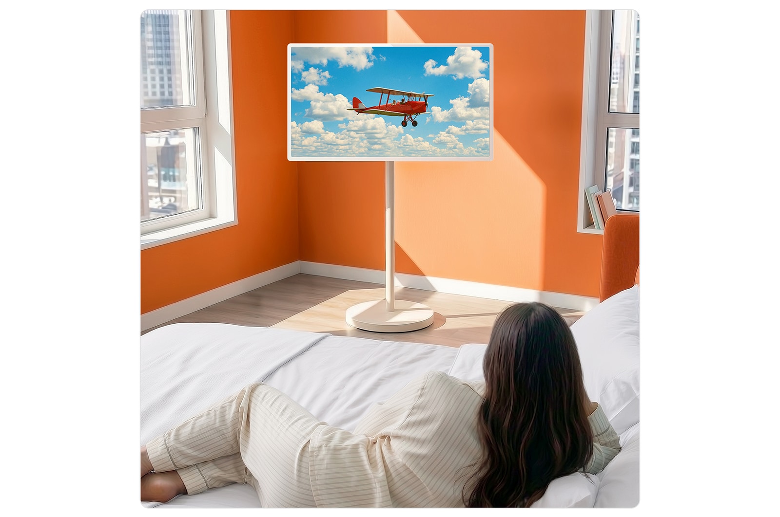 LG StanbyME 2 Max LX6 Movable Screen with AI Super Upscaling shows a split image of a flying turtle with objects on its shell, with one side blurred and the other clear, demonstrating enhanced clarity and refined 4K-level detail.
