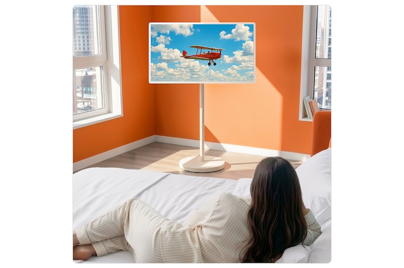 LG StanbyME 2 Max LX6 Movable Screen with AI Super Upscaling shows a split image of a flying turtle with objects on its shell, with one side blurred and the other clear, demonstrating enhanced clarity and refined 4K-level detail.
