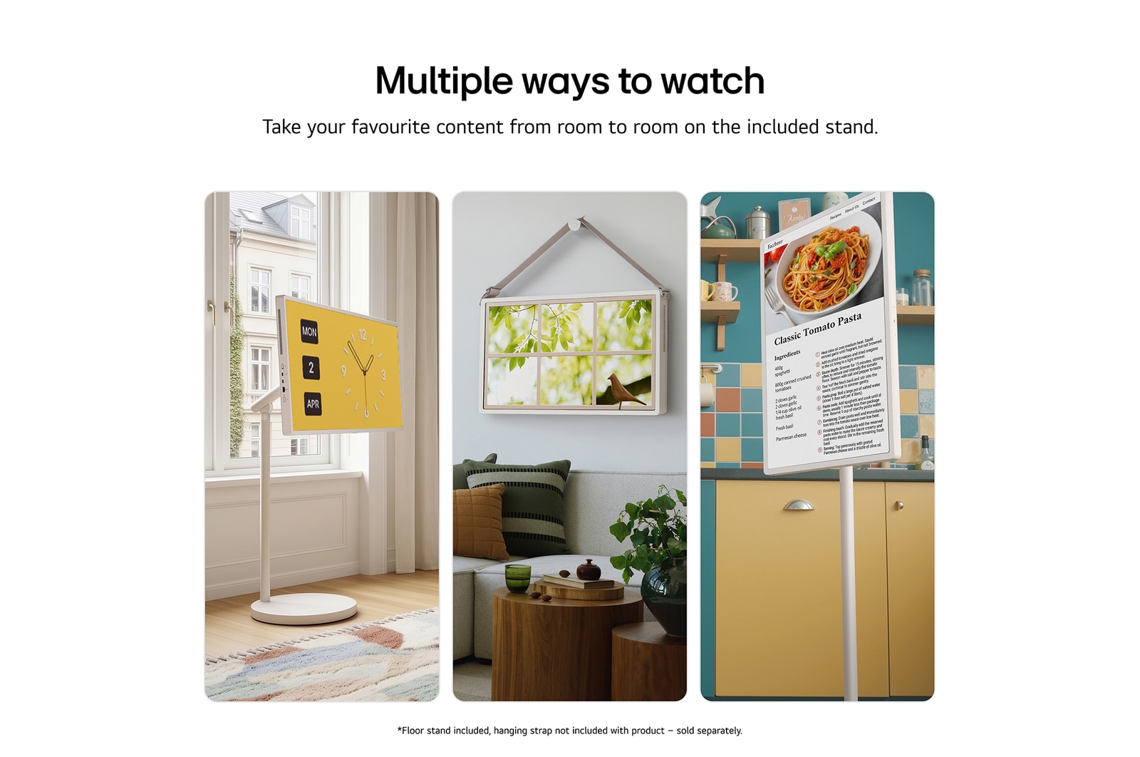 LG StanbyME 2 Max LX6 Movable Screen connected via a USB-C cable on a table, displaying a home widget interface, highlighting convenient charging and seamless device connectivity through USB-C port.