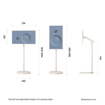 LG StanbyME 2 Max LX6 Movable Screen shown in front and side views features a 32-inch display measuring 724 mm by 421 mm. The total height including the screen is 1108–1308 mm when the screen is horizontal and 1261–1461 mm when the screen is vertical, with a 916 mm stand height.