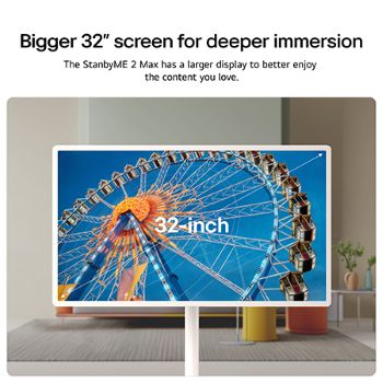 LG StanbyME 2 Max LX6 Movable Screen showcased in multiple home settings, highlighting its detachable and super portable screen for flexible use wherever you are—standing by a window, wall-mounted like décor, or used for viewing content anywhere.