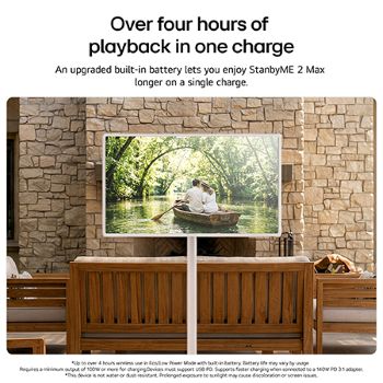 LG StanbyME 2 Max LX6 Movable Screen showcased as a Mood Maker, highlighting how it helps personalize your space—transforming into a window, poster, relaxing visuals, music turntable, or a clock.