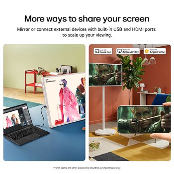 LG StanbyME 2 Max LX6 Movable Screen with Various OTT Services displays streaming app interfaces like Netflix and YouTube on and around the screen, representing access to diverse contents including dramas, movies, and music.