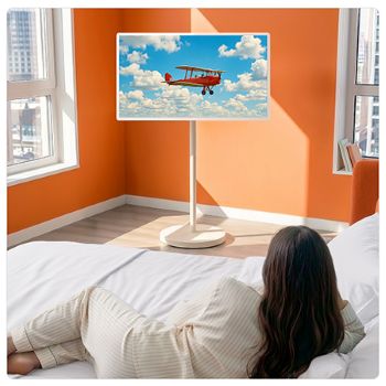 LG StanbyME 2 Max LX6 Movable Screen with AI Super Upscaling shows a split image of a flying turtle with objects on its shell, with one side blurred and the other clear, demonstrating enhanced clarity and refined 4K-level detail.