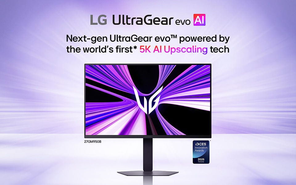 Purple radial light streaks spread across the background behind an LG UltraGear gaming monitor. The monitor displays a dynamic purple and white abstract graphic with the UltraGear logo at the center. A CES 2026 Innovation Award badge is placed next to the monitor. | LG
