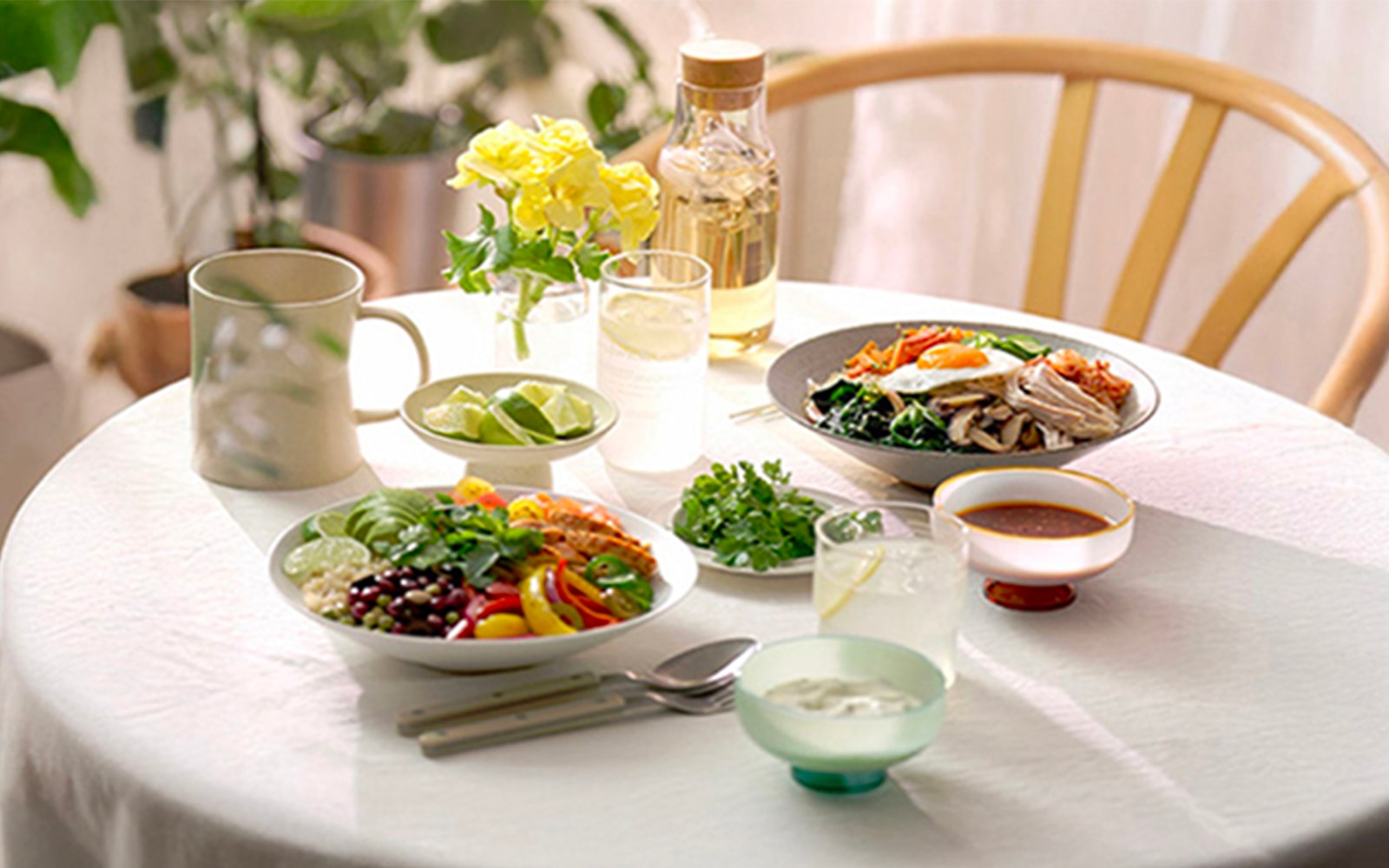 Two-Style Chicken Rice Bowl (Korean-Style or Mexican-Style) on the table