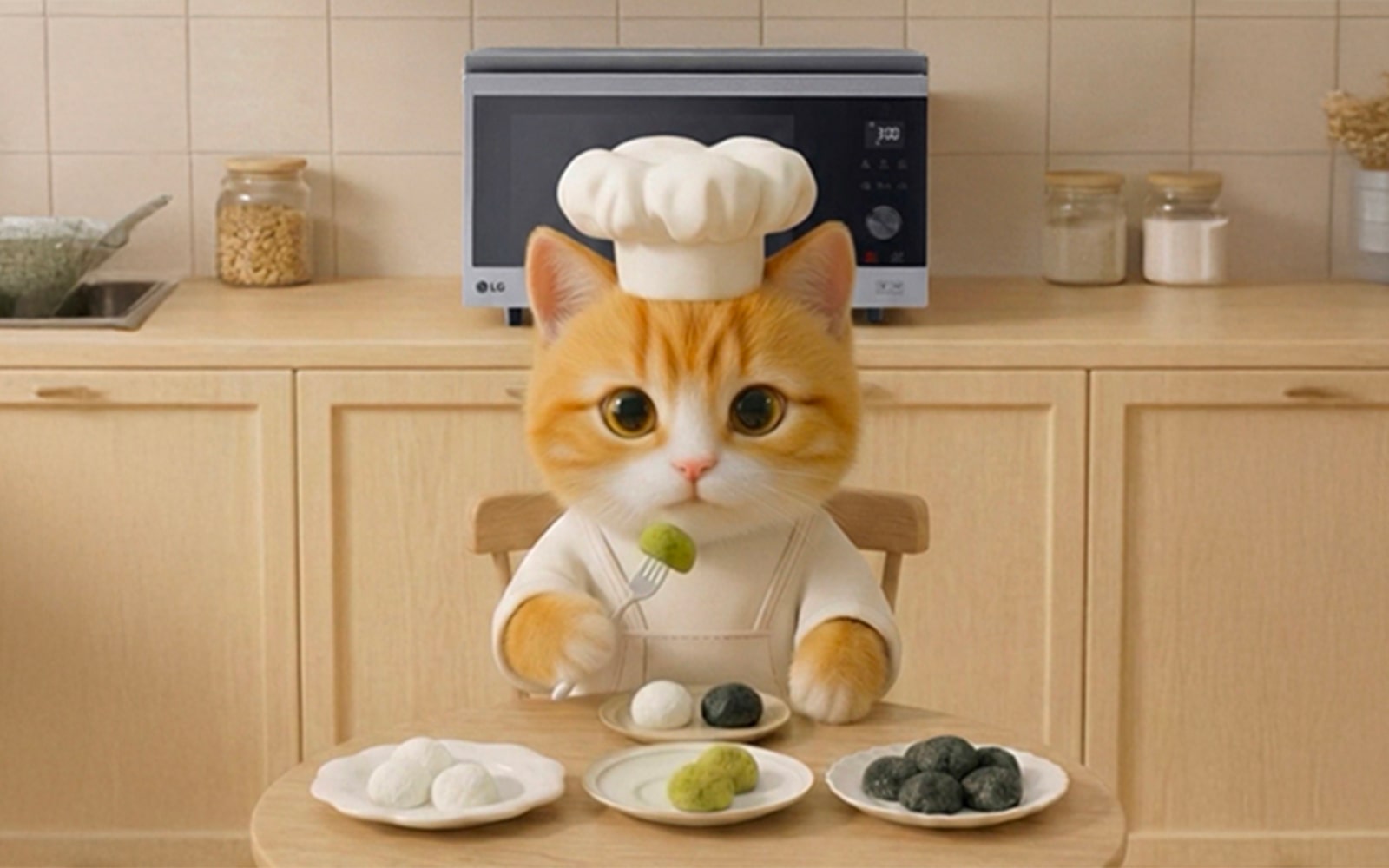 AI image generated cute cat wearing a chef costume, having 3 dishes on a table 
