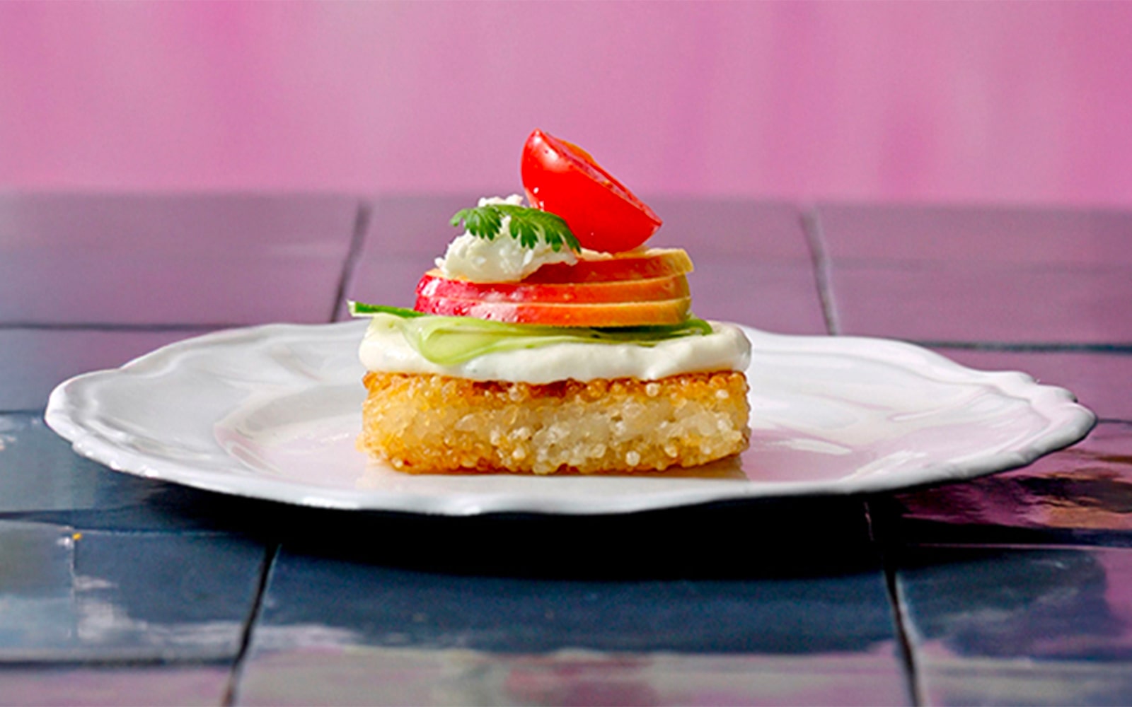 Crispy Rice Bites menu on a white plate. The image displays a lot of saturation and vivid colour theme