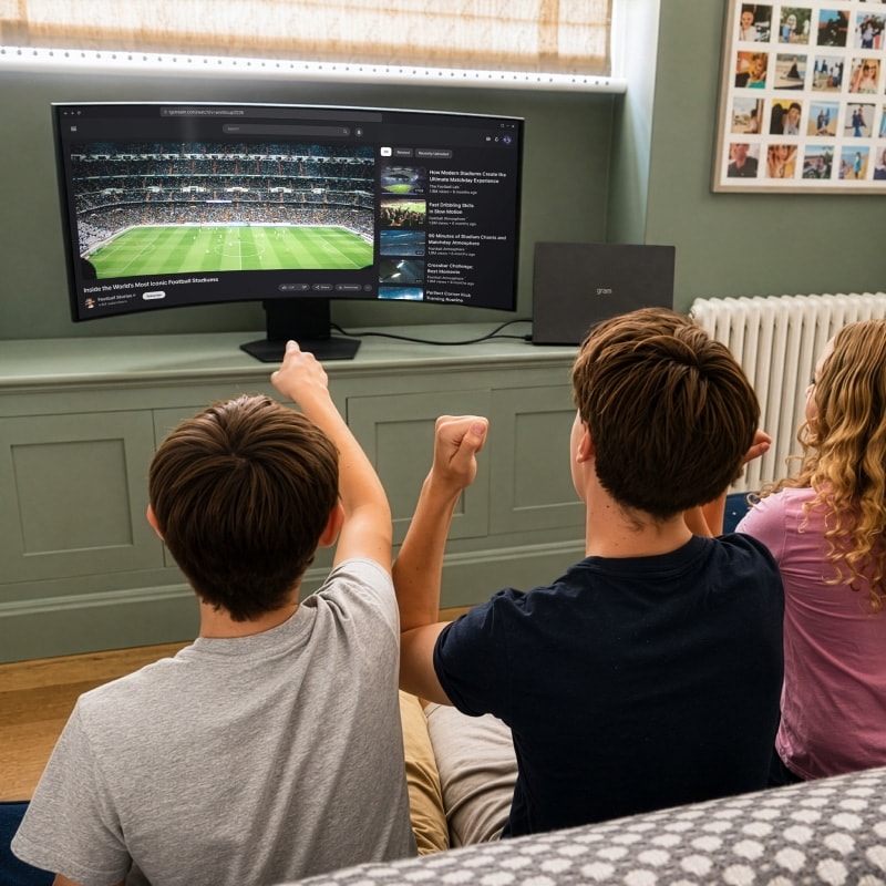 Three siblings watching a football match together on an LG UltraGear monitor.