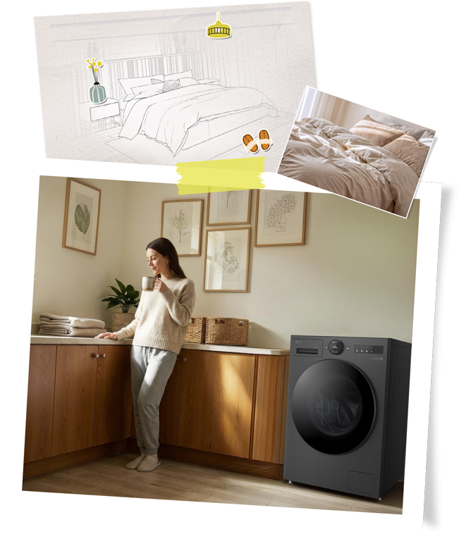 A woman refreshing bedding using an LG washer as part of a calm weekend routine.