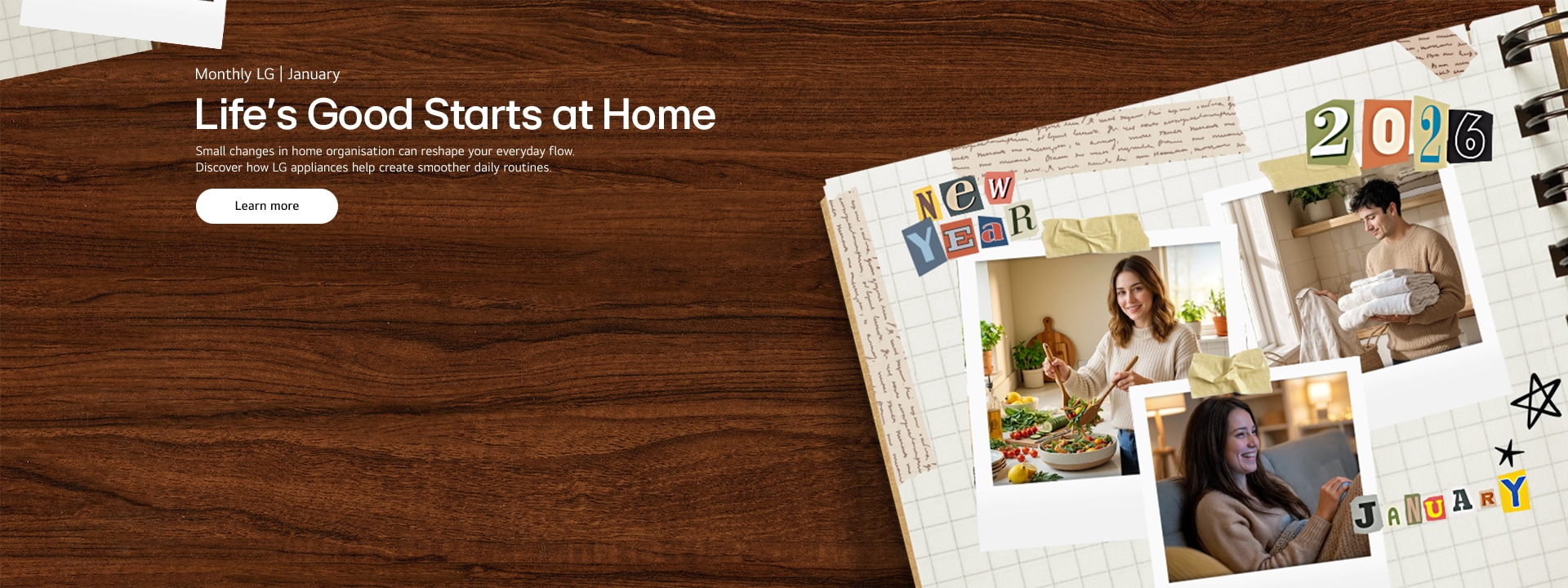 A diary on a brown desk featuring a collage of New Year decorations and Polaroid photos of people enjoying LG appliances	