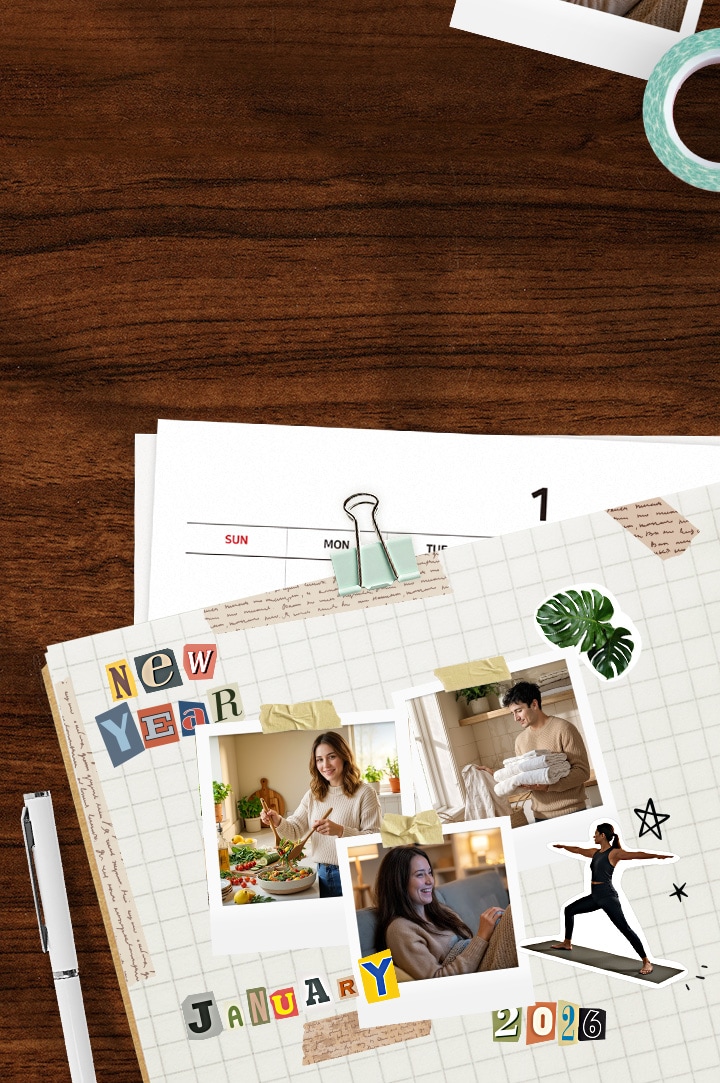 A diary on a brown desk featuring a collage of New Year decorations and Polaroid photos of people enjoying LG appliances	