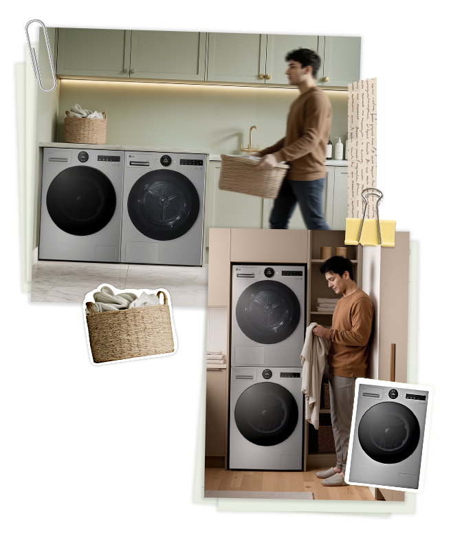 A collage-style image of a man preparing laundry in a small space, with washing machines and dryers installed both vertically and side by side