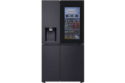 Black smart refrigerator with a touchscreen display.