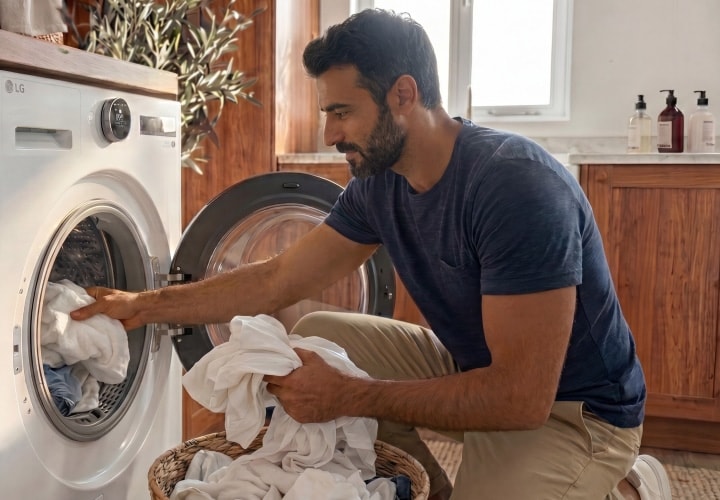 A man loads white laundry into a front-load dryer while kneeling beside it in a warm, sunlit laundry room.