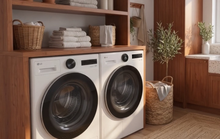 A white LG front-load washing machine and a matching LG dryer installed side-by-side in a wooden laundry room.