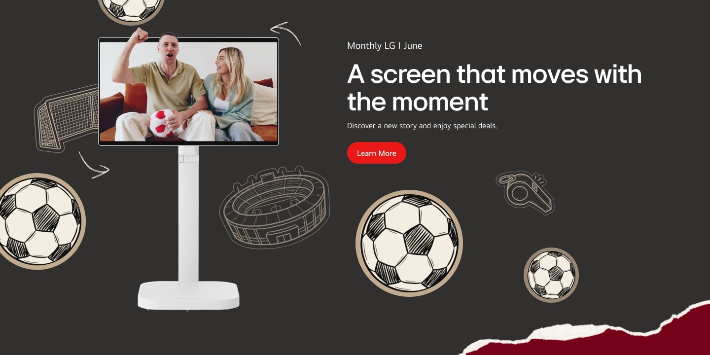 On the screen of the LG Smart Monitor Swing, a couple is seen on the sofa; the man is holding a plush soccer ball and cheering with a raised fist, while the woman smiles next to him.