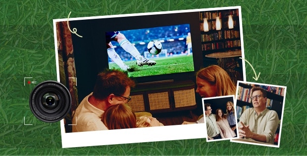 A family enjoying watching a soccer match on a large TV, a camera recording of an interview scene, and a camera lens