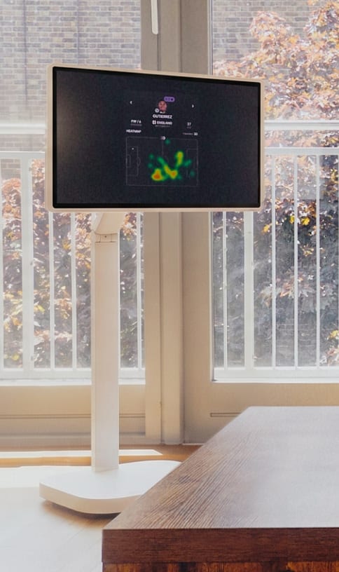 An LG Smart Monitor Swing screen displaying a football player's heatmap.