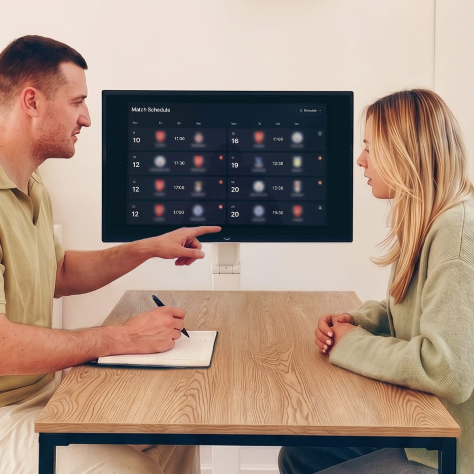 A man pointing at a soccer match schedule on an LG Smart Monitor Swing screen while holding a pen, sitting across from a woman.