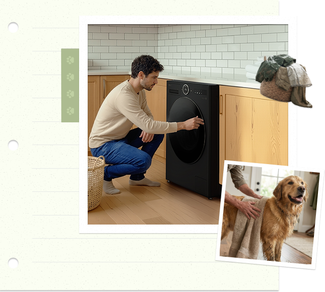 Man loading laundry into a washer while a golden retriever stands nearby in a warm home interior