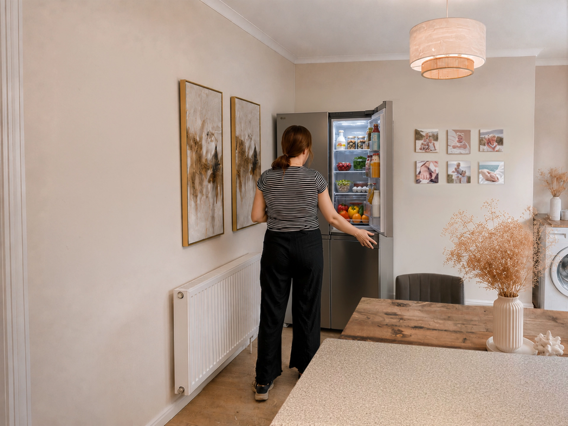 A mother opens a large refrigerator in a bright dining and kitchen area, with fresh food and groceries visible inside.