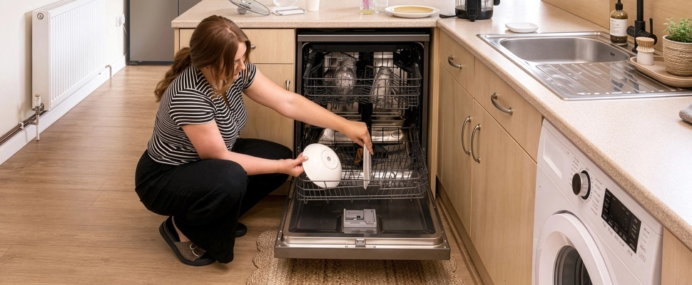 A woman crouches down in the kitchen to place a white dish into an open LG dishwasher.